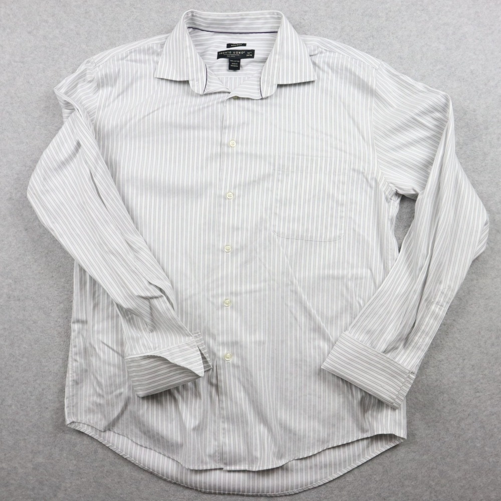 Pronto Uomo Shirt Mens 16.5 34/35 French Cuff Button‎ White Striped Long Sleeve